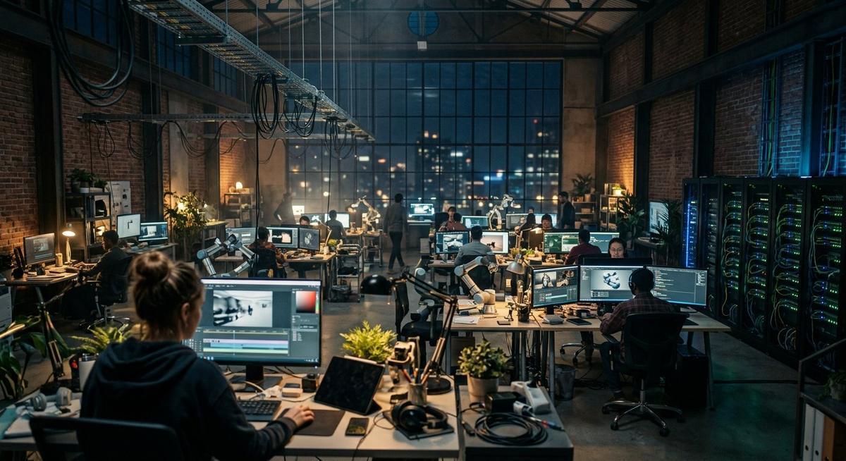 Grand plateau de studio créatif nocturne où humains et robots travaillent parmi les baies de serveurs