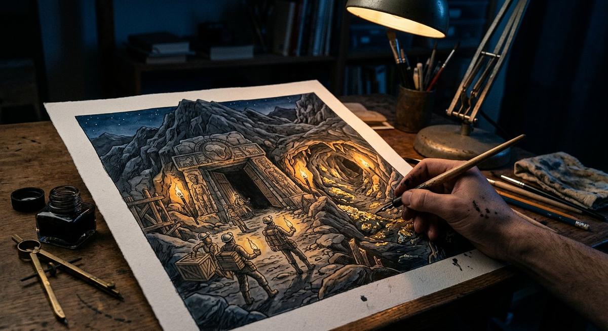Planche BD d'aventure : entrée de mine aux filons d'or, explorateurs à la lampe à huile