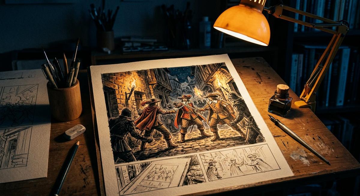 Planche BD : trois mousquetaires aux rapières brandies dans une ruelle aux torches
