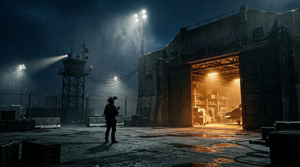 Cour d’un site militaire classifié la nuit, hangar aux portes entrouvertes sous les projecteurs