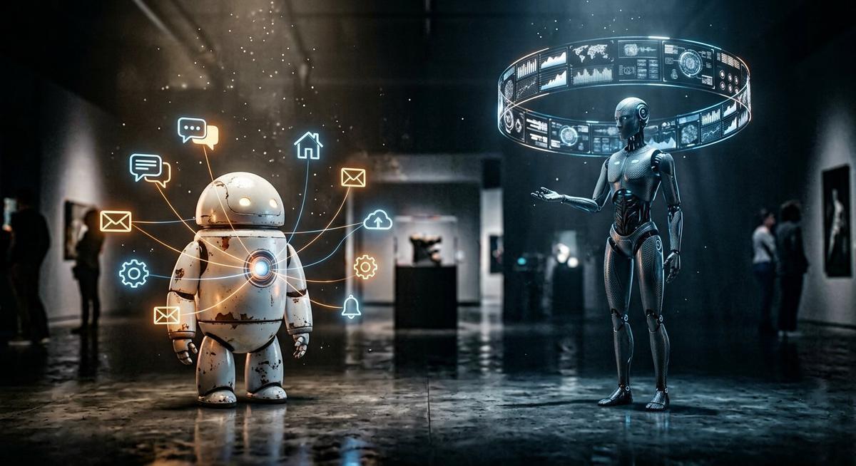 Deux robots côte à côte : l’un multiprises relié à des icônes d’applications, l’autre méditant au centre d’une boucle de savoir