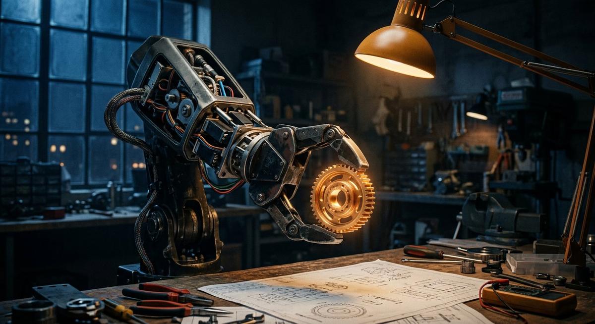 Pince de robot ouverte tenant délicatement un engrenage de laiton, boîtier ouvert sur sa mécanique