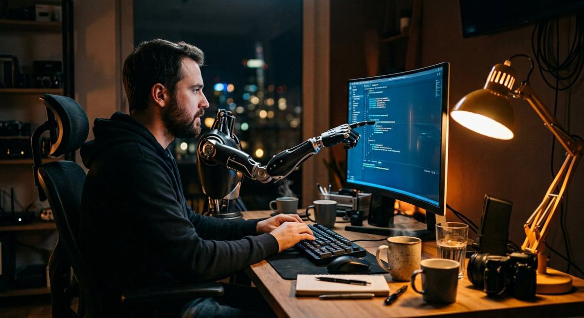 Un développeur et un bras robotique côte à côte au même bureau face à un écran de code, la nuit