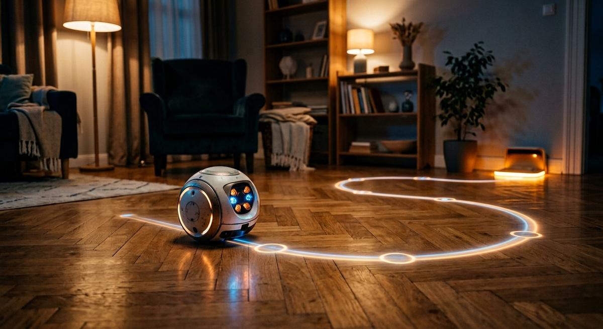 Petit robot rond suivant une ligne de trajet lumineuse projetée au sol jusqu à sa station