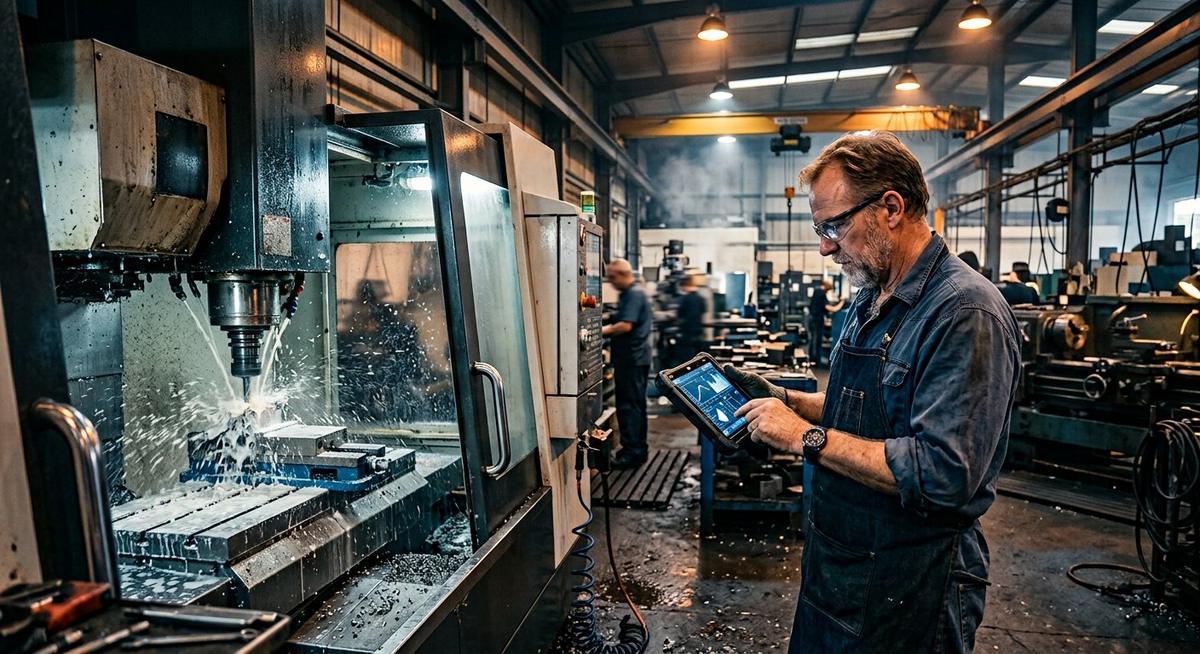 Chef d atelier consultant une tablette devant une machine CNC en activité