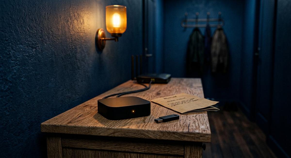 Petite box noire mate à diode ambrée posée sur une console en bois, câble ethernet