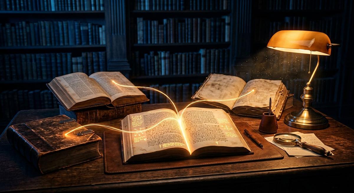 Un livre-réponse ouvert au centre d'une table, relié par trois fils de lumière ambrés à trois livres-sources