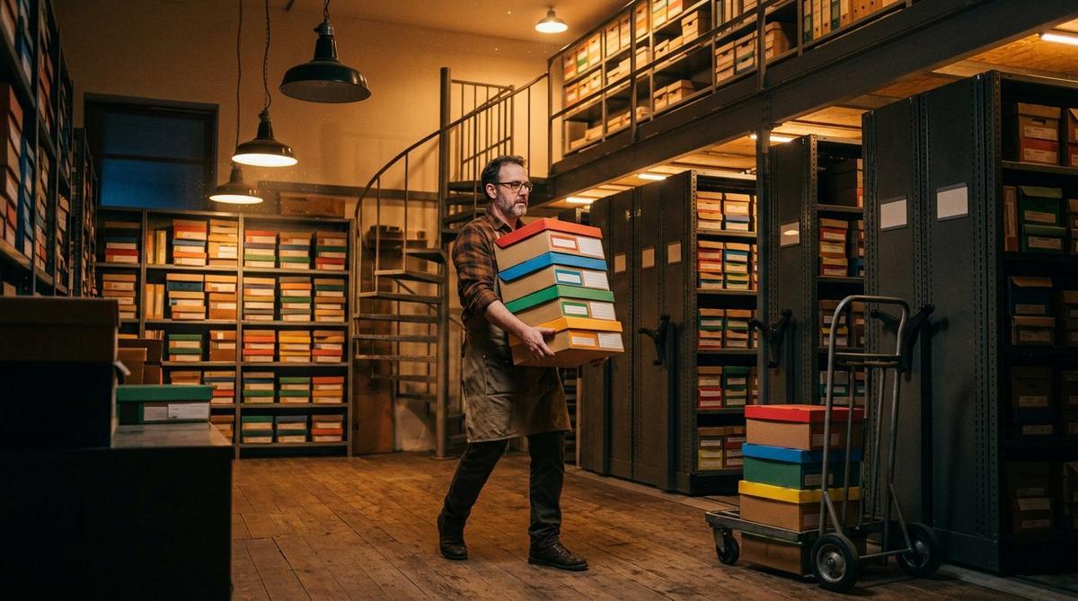 Archiviste portant une pile de cartons d archives colorés vers des rayonnages compacts