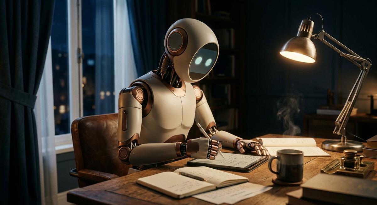 Robot rédacteur écrivant à la lampe sur son bureau en bois