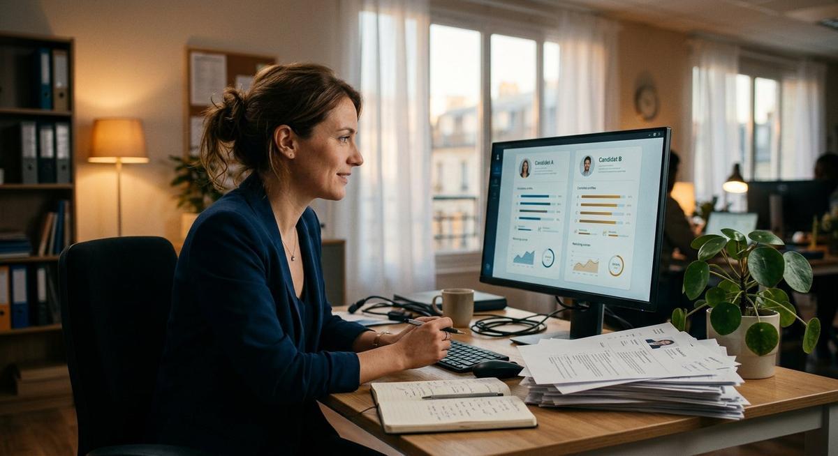 Chargée de recrutement comparant des profils de candidats à l'écran