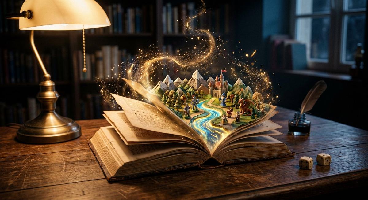Livre ouvert dont les pages deviennent un paysage de jeu miniature avec pions et dés