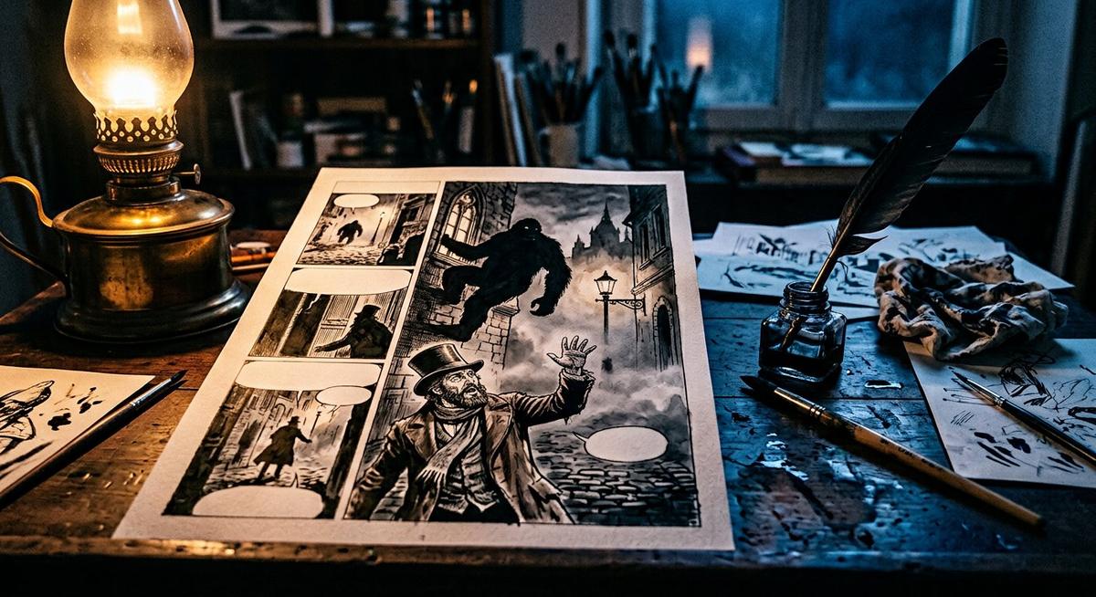 Planche BD noire : silhouette de grand singe à la fenêtre, réverbère au gaz, enquêteur en redingote