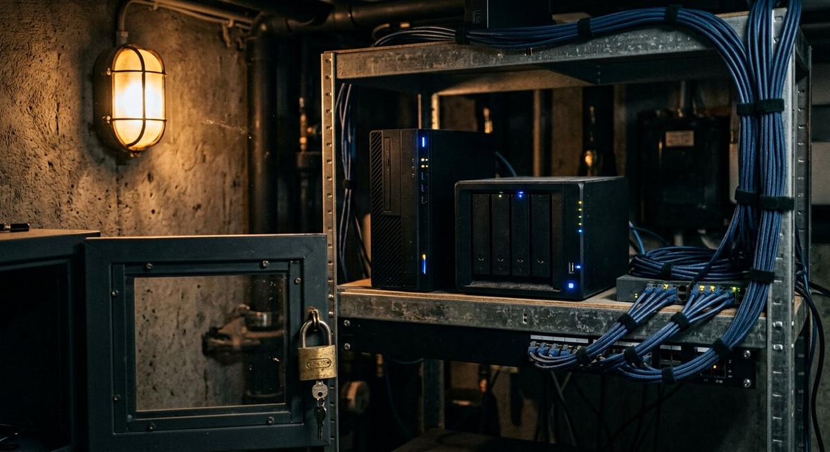 Tour serveur et NAS sur une étagère de local technique, cadenas en laiton au premier plan