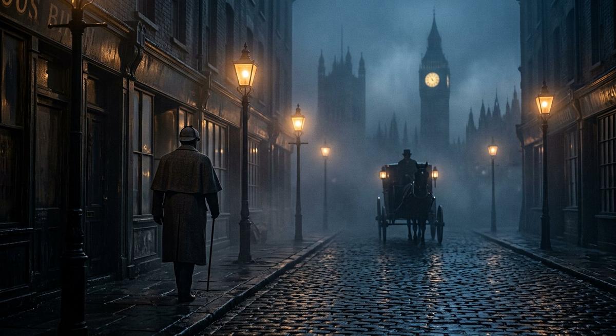 Rue pavée de Londres en 1880 dans le brouillard, réverbères au gaz et fiacre, silhouette chapeautée