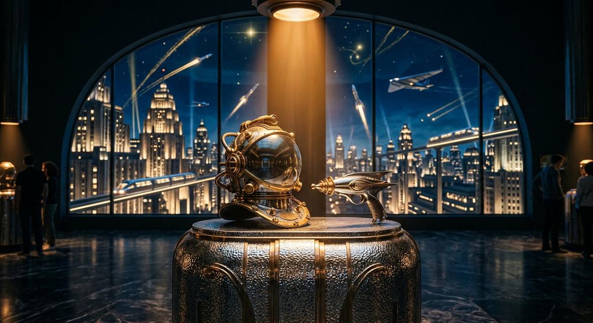 Casque à bulle et pistolet à rayon art déco sur un socle de musée, cité de ziggourats derrière la baie vitrée