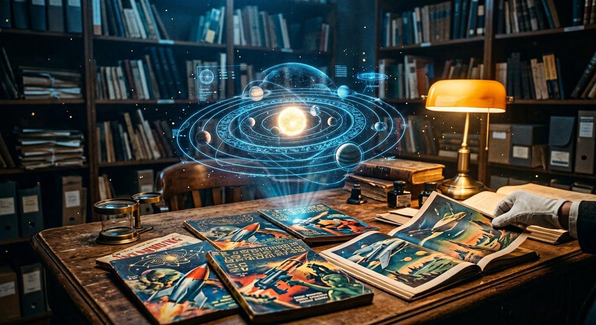 Pulps de science-fiction des années 1940 entrouverts sous un hologramme du système solaire