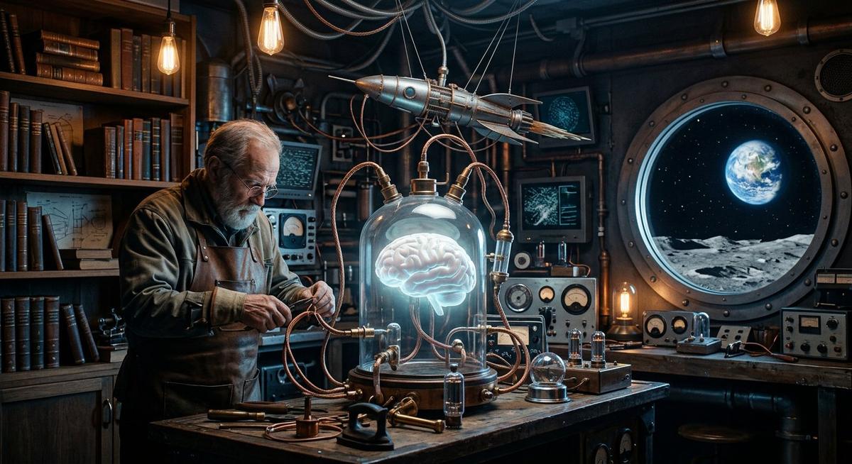 Un cerveau lumineux dans une cloche de verre au centre d'un laboratoire lunaire rétro-futuriste