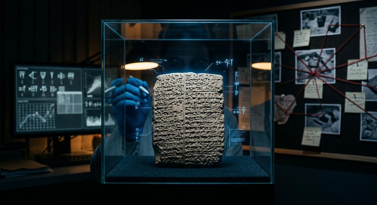 Tablette d'argile cunéiforme en écrin de verre, annotée de symboles lumineux de laboratoire