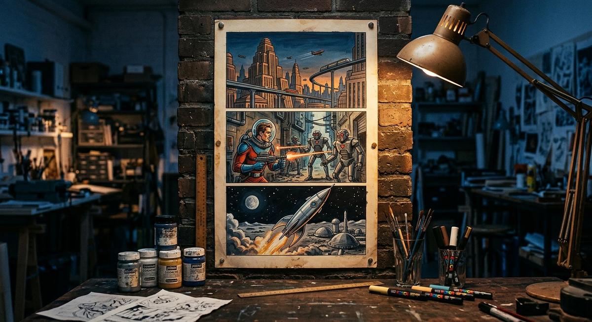 Grande planche de roman graphique rétro-futuriste épinglée dans un atelier, trois cases peintes à la gouache