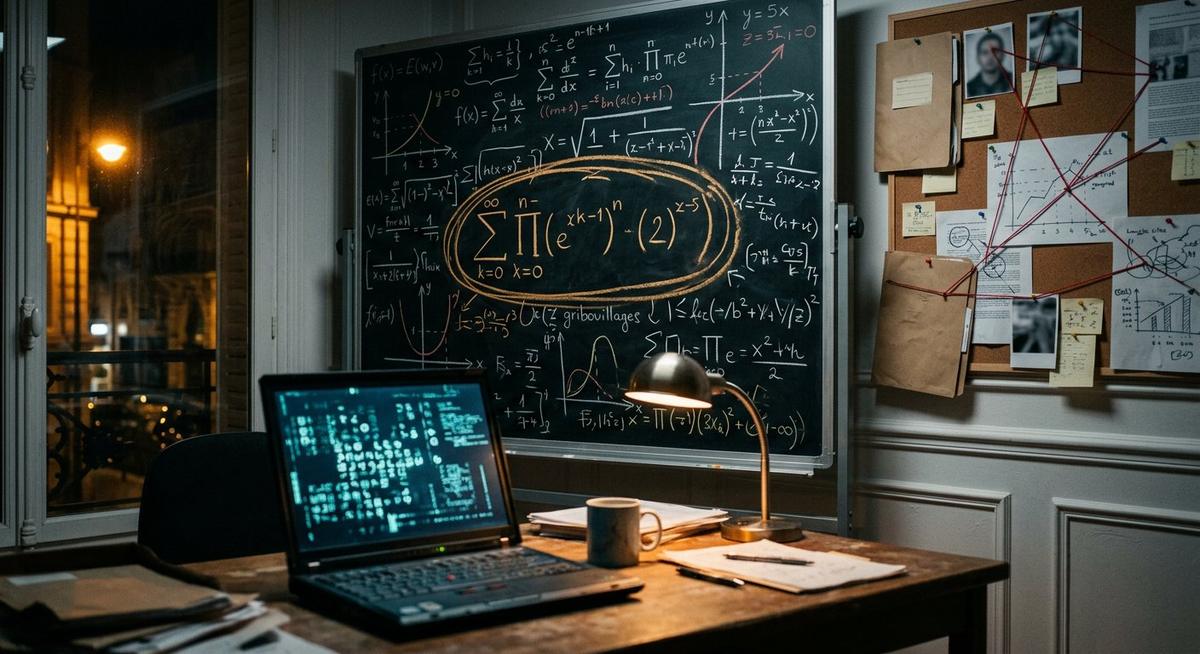 Mur de travail d'une cryptographe : équations à la craie, dossiers épinglés et fil rouge, la nuit