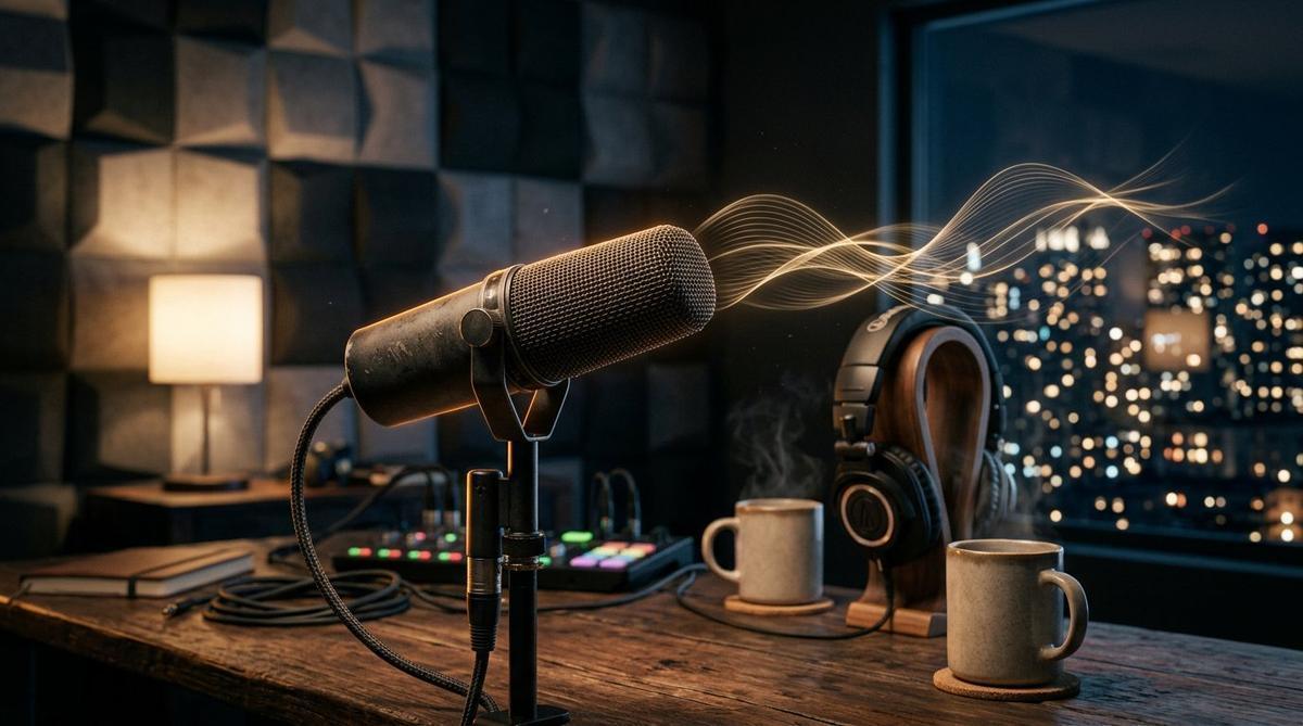Un micro vintage sur pied dans un studio de nuit, ondes sonores dorées partant vers les fenêtres d’une ville