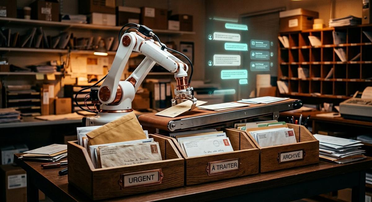 Bras robotique triant des lettres dans des bacs par priorité