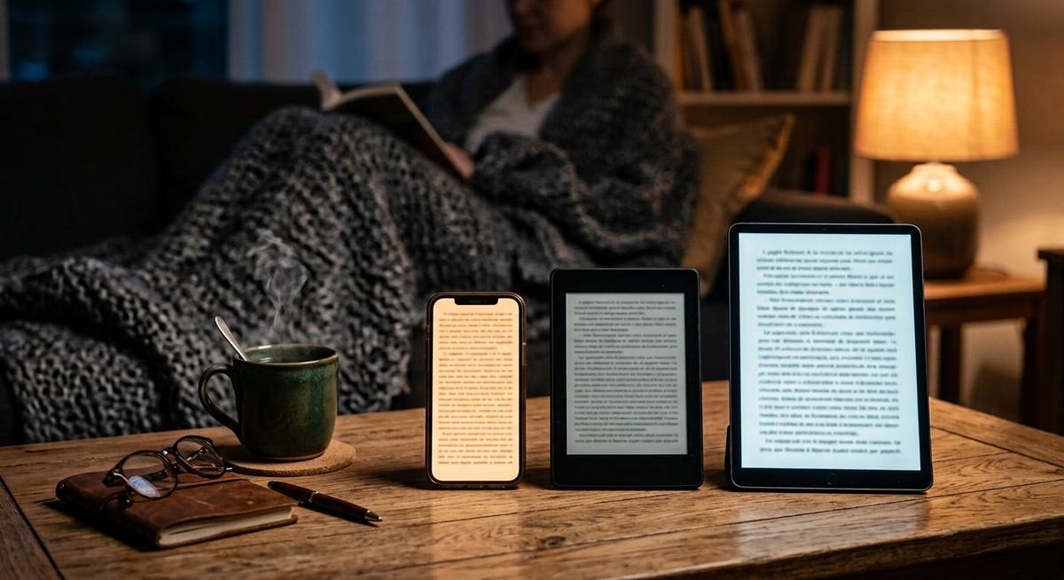 Smartphone, liseuse à encre et tablette côte à côte montrant la même page de roman