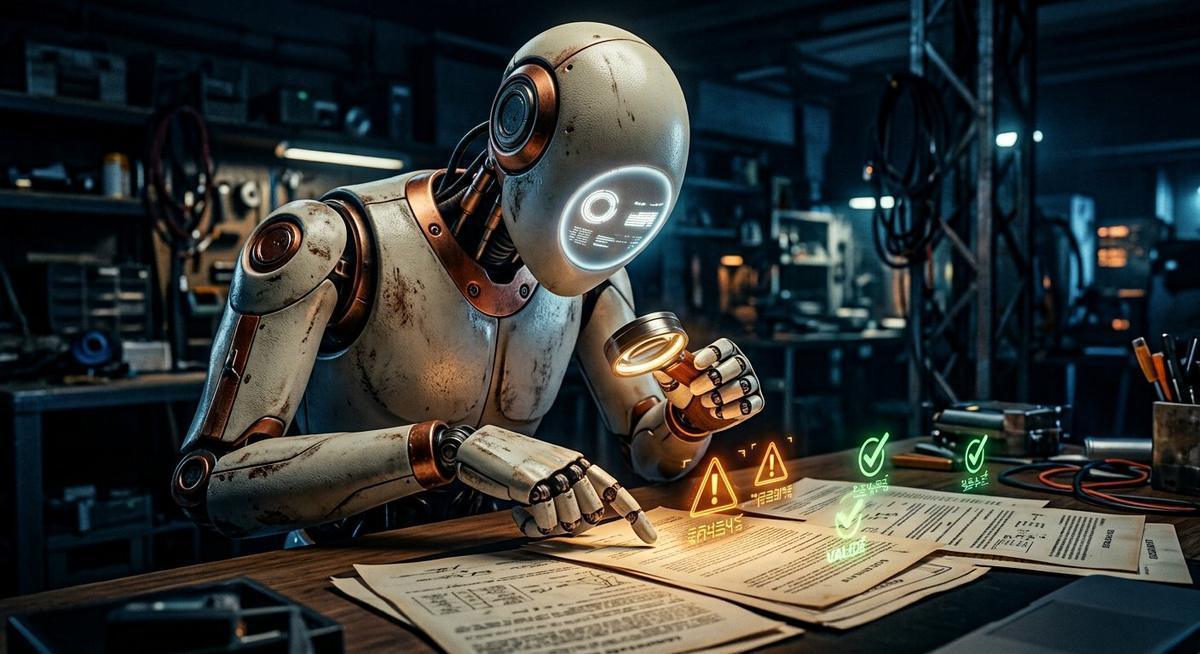 Robot vérificateur auditant des contrats à la loupe lumineuse