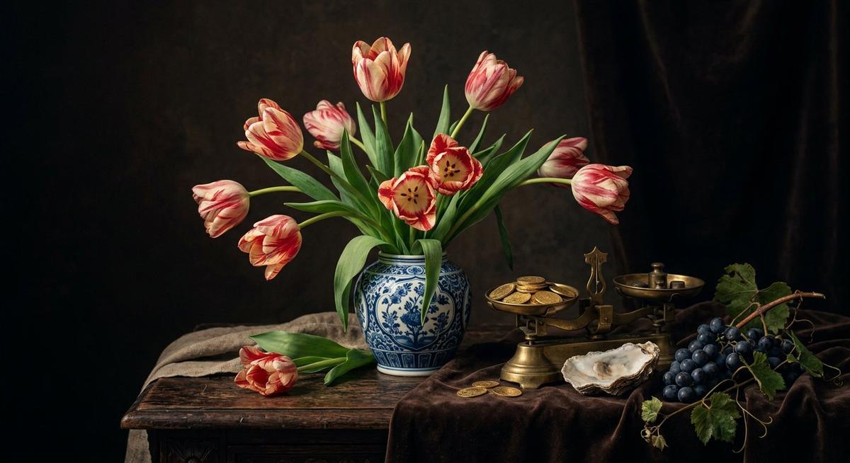 Nature morte hollandaise : tulipes rares et balance de laiton pesant des pièces d or