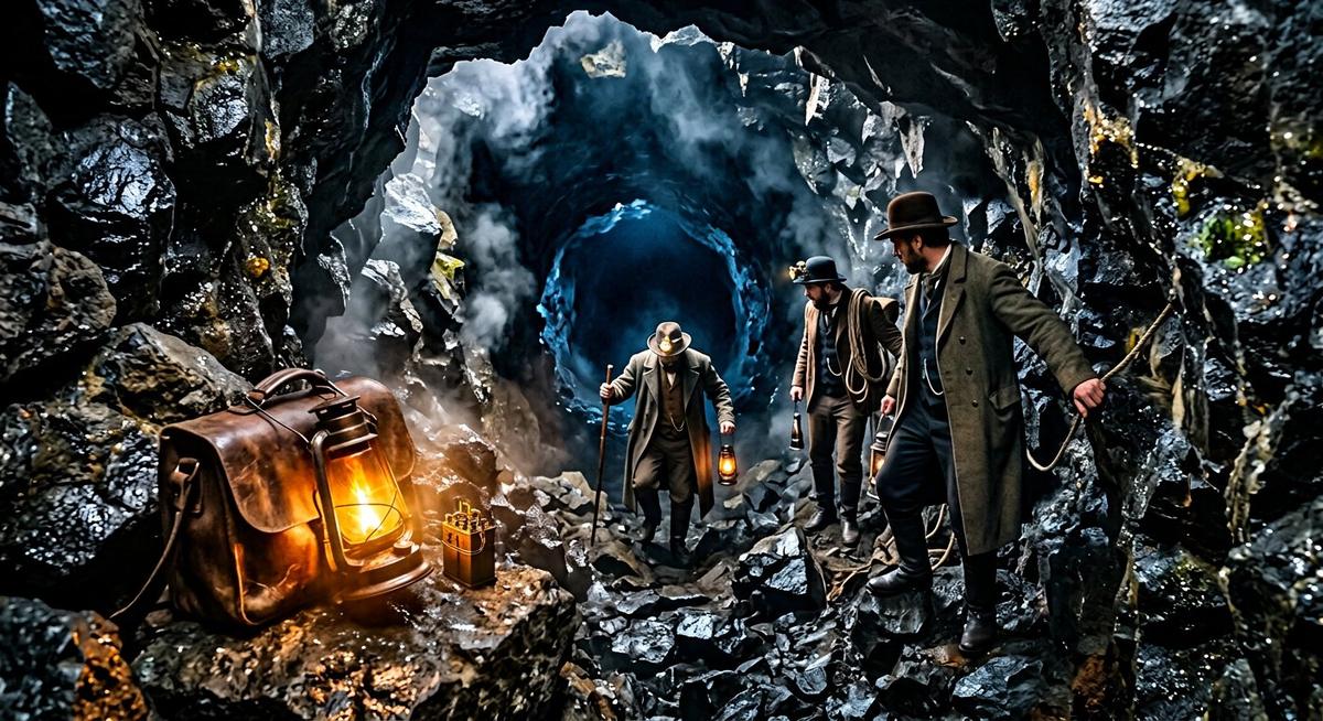 Explorateurs de 1864 à la lampe Ruhmkorff descendant une galerie volcanique aux cristaux scintillants