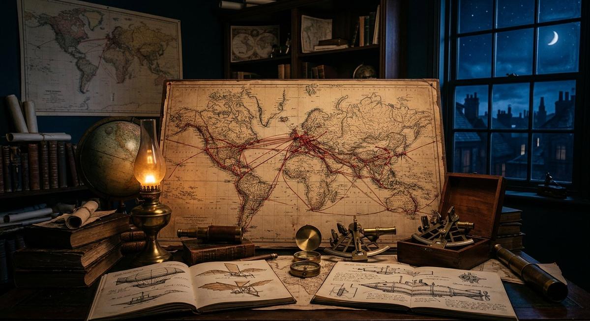 Bureau de cartographe victorien la nuit, mappemonde épinglée de fils rouges, sextant et boussole