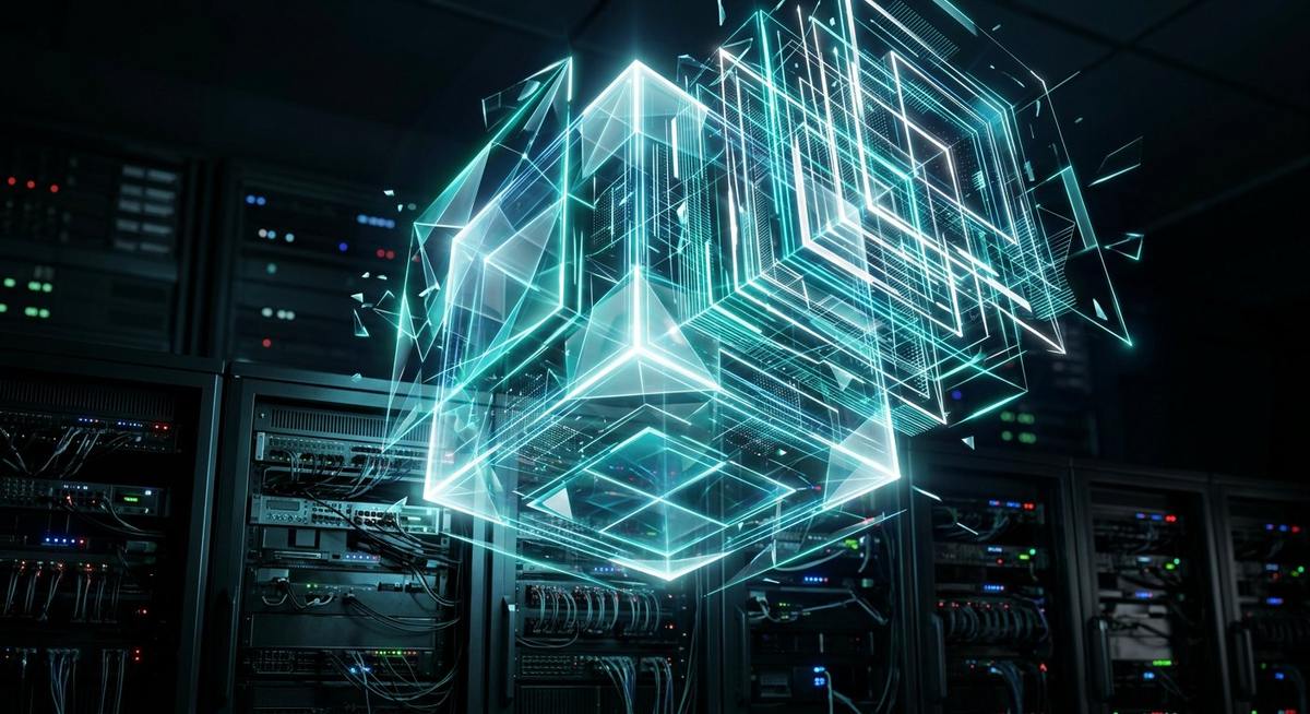 Cube lumineux qui se déploie au-dessus de serveurs