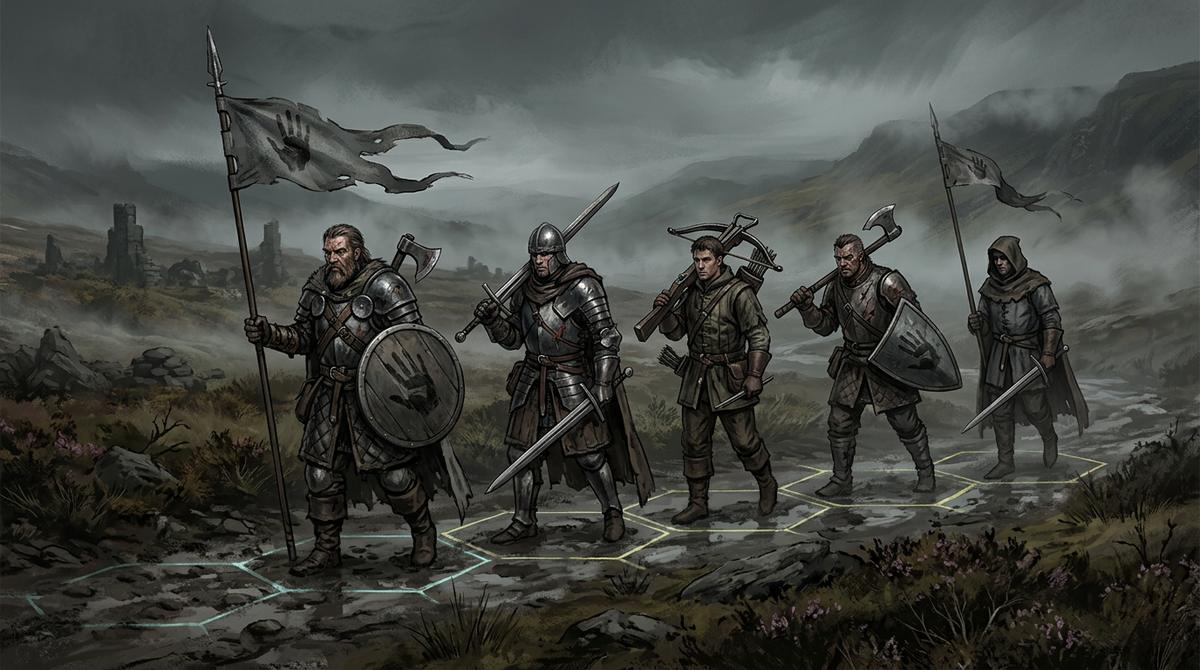 Mercenaires gris dans une lande brumeuse