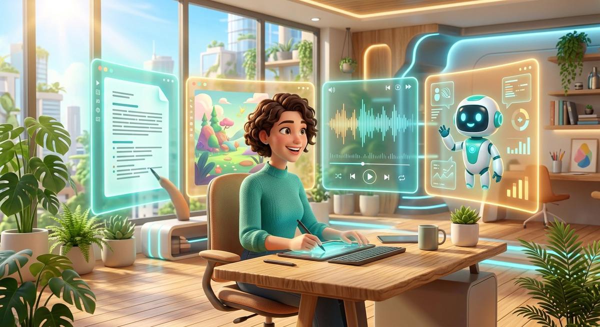 Une créatrice entourée d'écrans holographiques : texte, image, musique et un petit robot