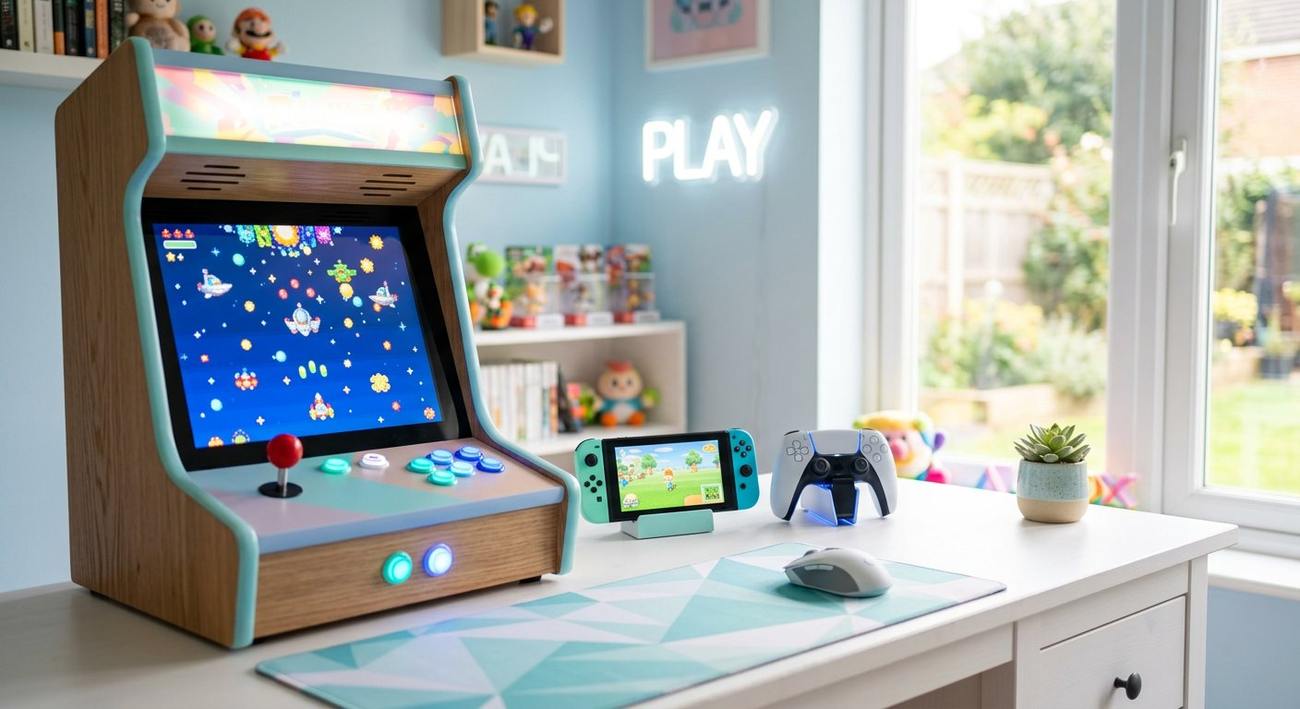 Manettes et borne d'arcade dans un salon lumineux