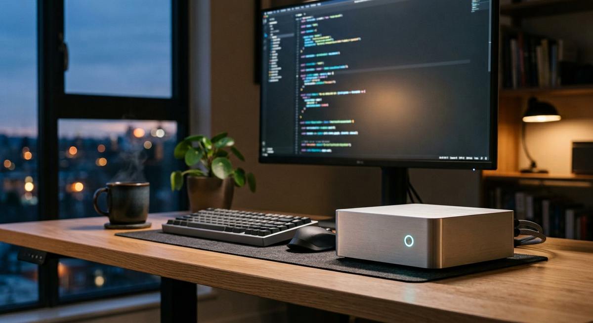 Petit ordinateur de bureau minimaliste avec voyant lumineux au crépuscule