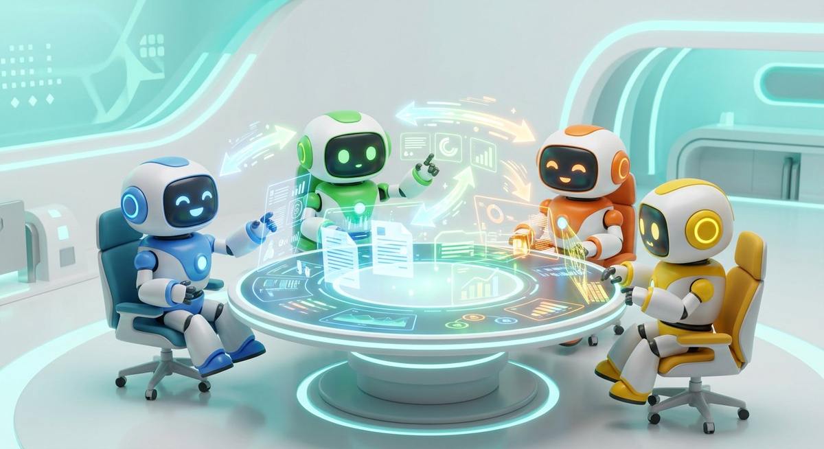 Équipe de robots assistants collaborant autour d'une table