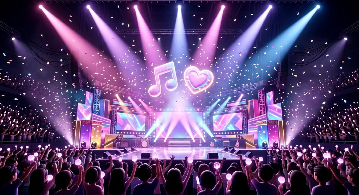 Scène de concert K-pop baignée de projecteurs roses et lavande
