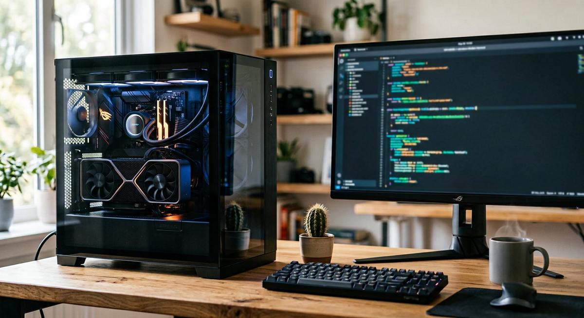 Carte graphique dans un PC de bureau sur un bureau lumineux