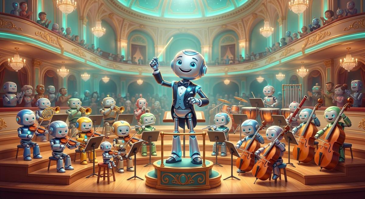Un chef d'orchestre robot dirige des petits robots musiciens