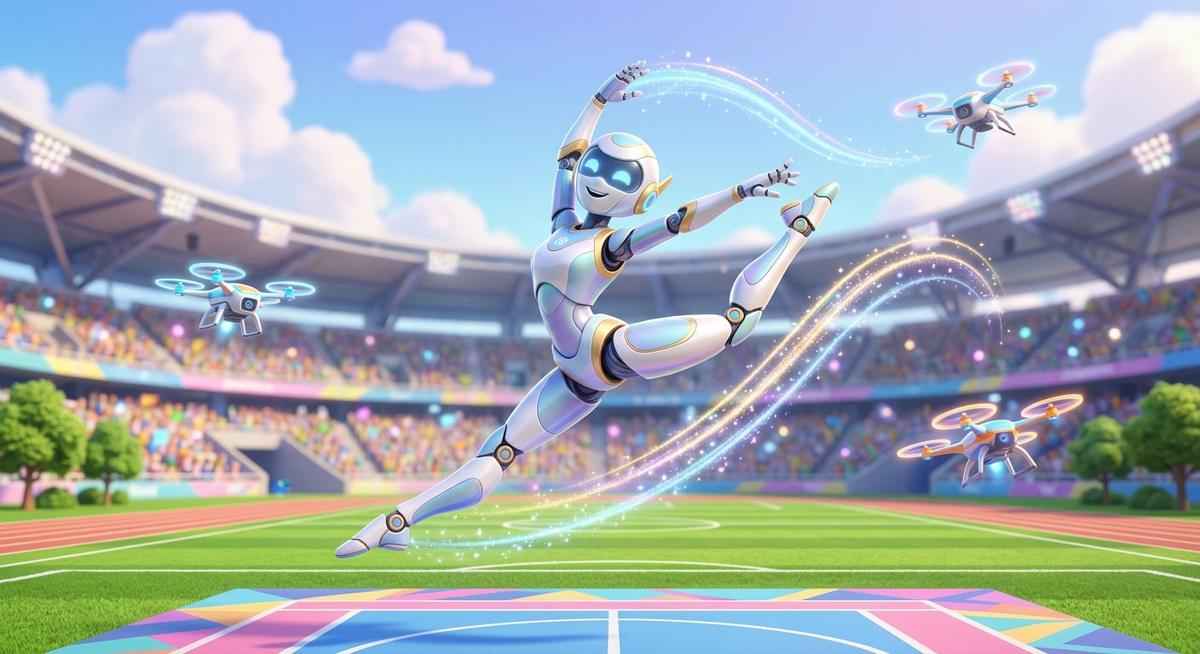 Un humanoïde élégant exécute une figure de gymnastique sur un terrain lumineux