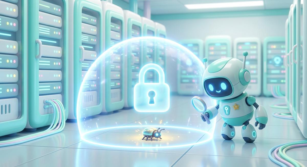Un bouclier lumineux protège une salle de serveurs, un robot à la loupe examine un bug