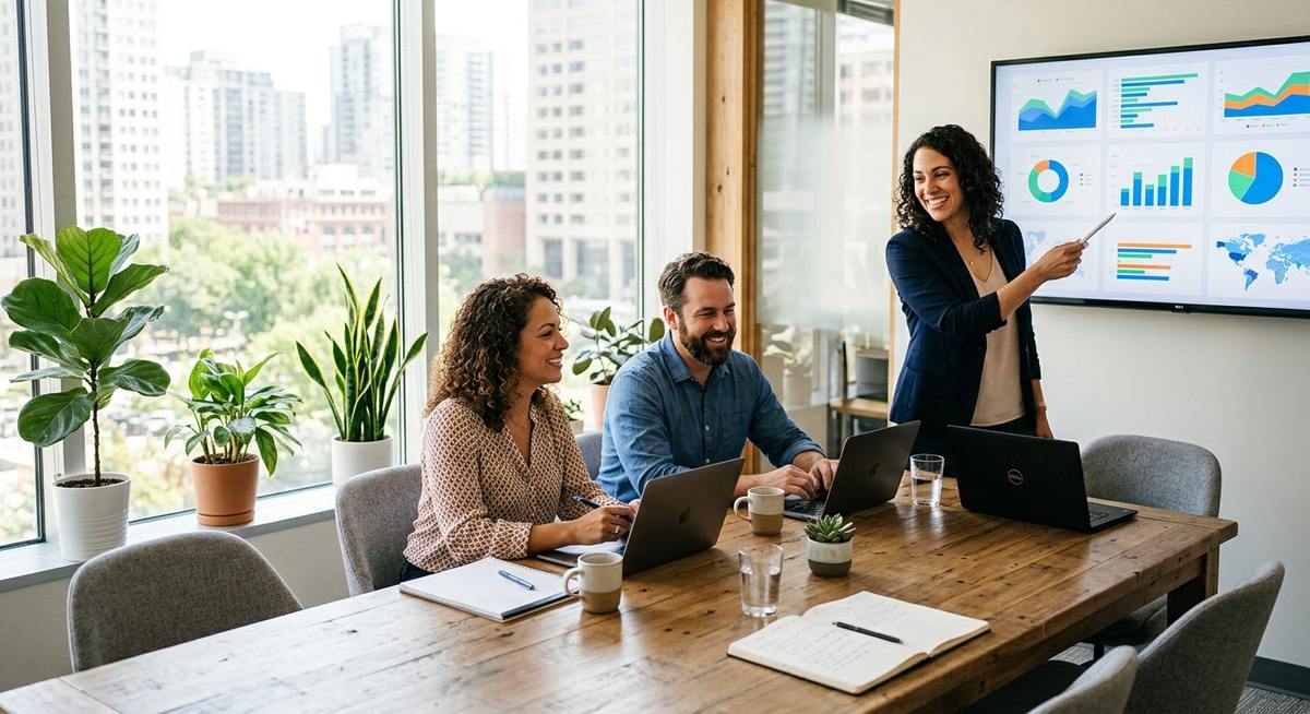Consultant présentant des tableaux de bord à deux clients dans une salle lumineuse